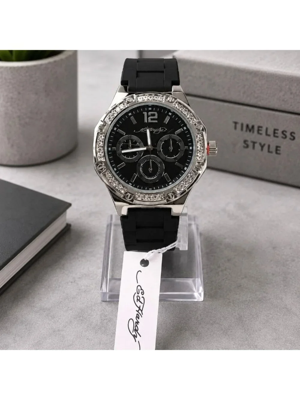 Ed Hardy Mens Black Dial Watch Rhinestone Bezel w Silicone Band NIB